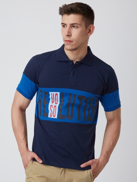 

FIDO DIDO Men Navy Blue Colourblocked Polo Collar Slim Fit T-shirt