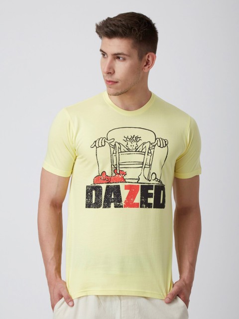 

FIDO DIDO Men Yellow Typography Printed Pure Cotton Slim Fit Pure Cotton T-shirt