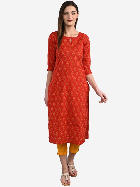 

GULMOHAR JAIPUR Women Red Ethnic Motifs Printed Cotton Keyhole Neck Kurta