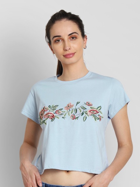

JUMP USA Blue Floral Embroidered Crepe Regular Crop Top