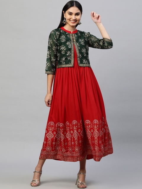 

FASHOR Red Foil & Khari Printed Layered Ethnic Maxi Dress