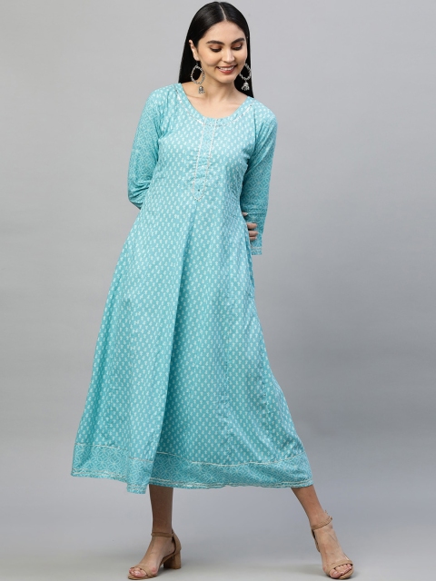 

FASHOR Turquoise Blue Ethnic Motifs Printed A-Line Midi Dress