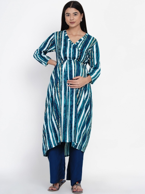 

Mine4Nine Women Teal Blue & White Striped Regular Maternity Kurta With Palazzos