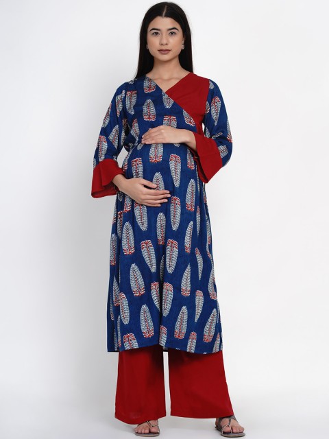 

Mine4Nine Women Blue & Red Ethnic Motifs Printed Angrakha Maternity Kurta With Palazzos
