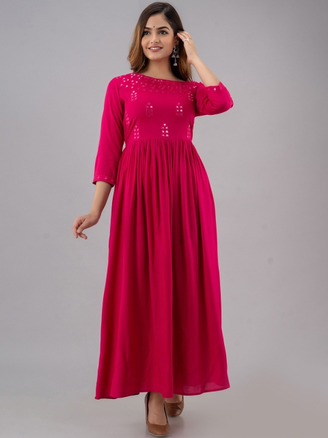 

GULMOHAR JAIPUR Women Pink & Silver-Toned Round Neck Embellished Maxi Dress