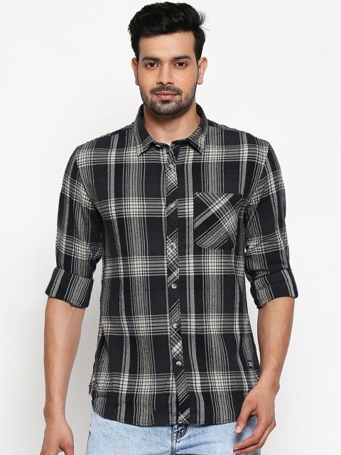 

People Men Navy Blue Slim Fit Tartan Checks Opaque Checked Casual Shirt