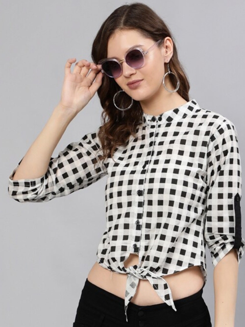 

AASI - HOUSE OF NAYO Women White Checked Extended Sleeves Crop Top