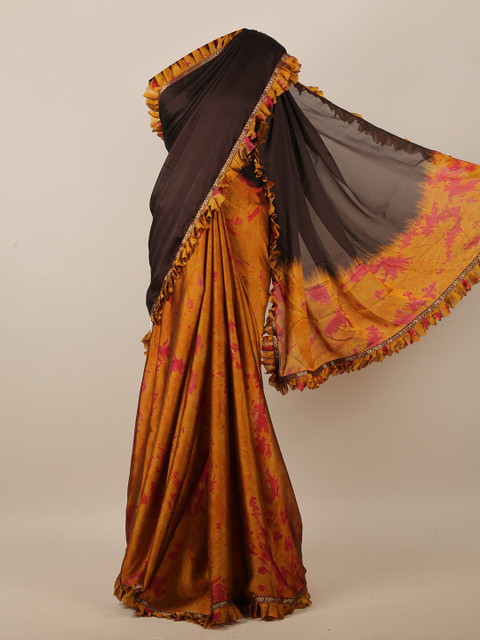 

Pothys Brown & Mustard Yellow Abstract Printed Ruffled Saree