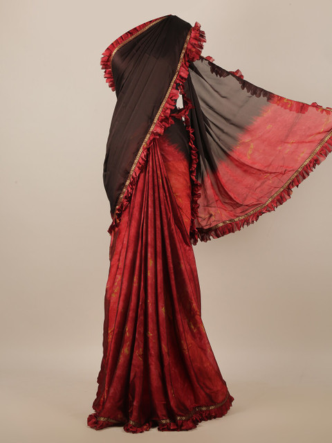 

Pothys Brown & Red Abstract Printed Ruffled Saree