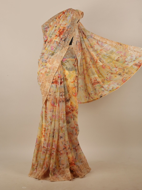 

Pothys Cream-Coloured & Pink Floral Printed Saree