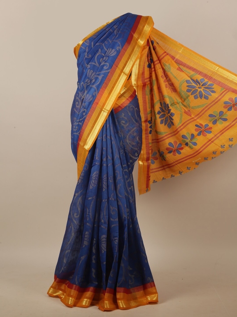 

Pothys Blue & Mustard Yellow Floral Printed Saree