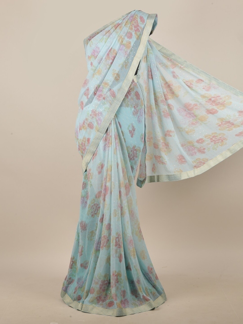 

Pothys Turquoise Blue & Pink Floral Printed Sequinned Saree