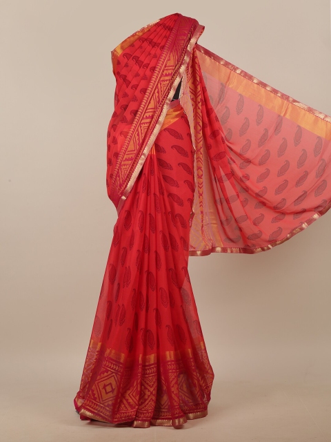 

Pothys Red & Pink Paisley Printed Zari Saree