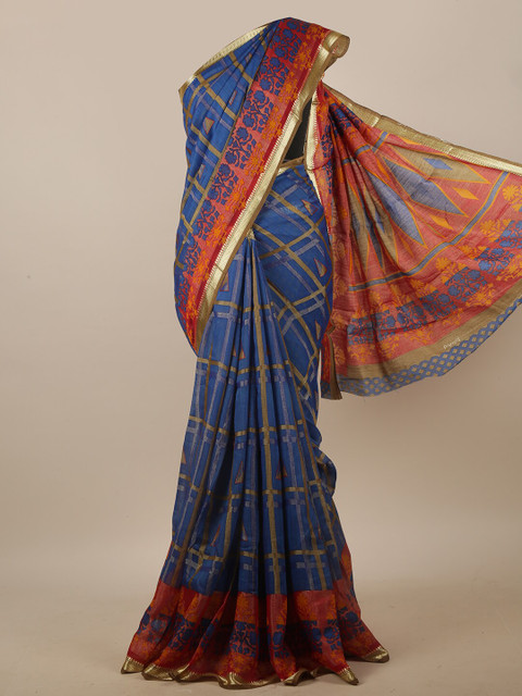 

Pothys Blue & Olive Green Geometric Printed Saree