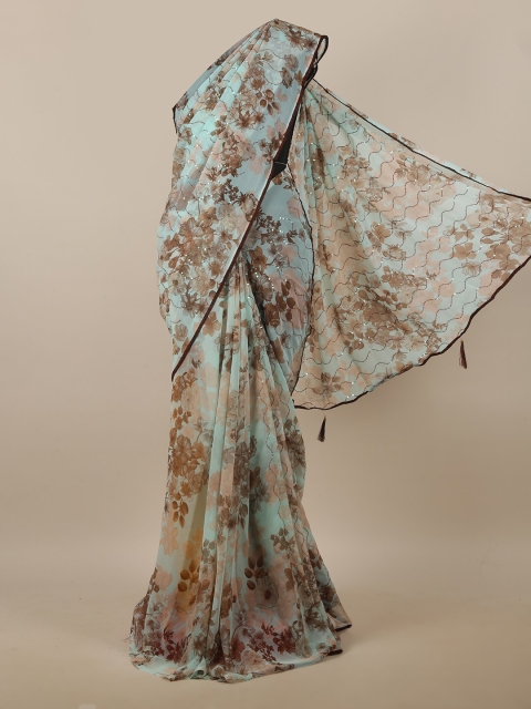 

Pothys Sea Green & Brown Floral Printed Sequinned Saree