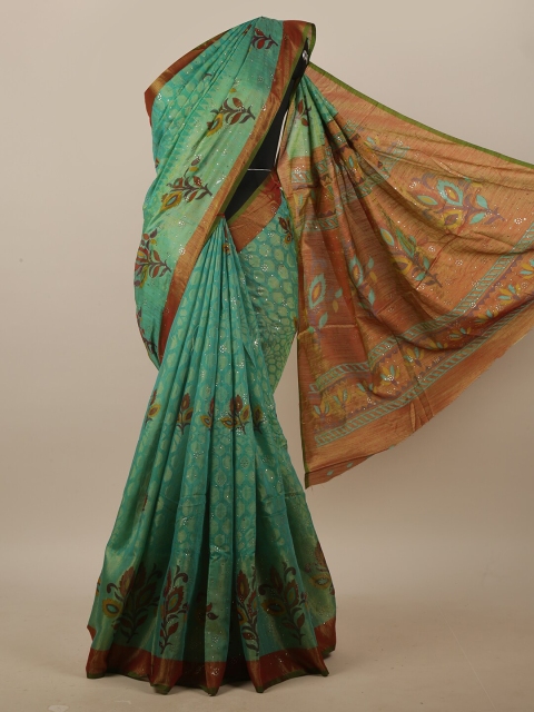 

Pothys Green & Brown Ethnic Motifs Printed Beads and Stones Saree