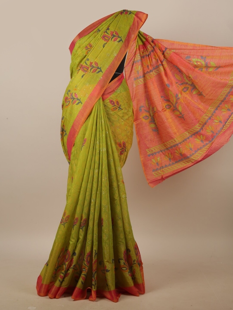 

Pothys Green & Orange Ethnic Motifs Printed Beads and Stones Saree