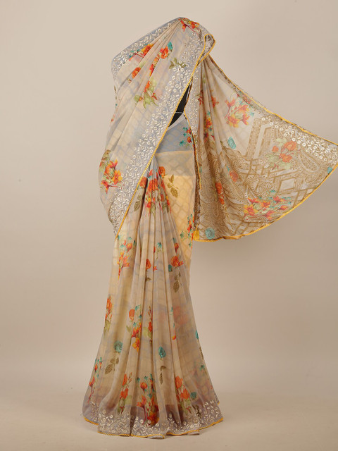 

Pothys Cream-Coloured & Red Floral Printed Saree