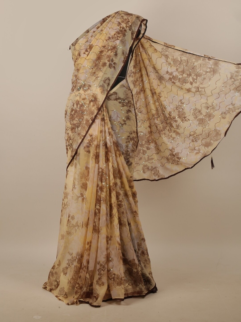 

Pothys Cream-Coloured & Brown Floral Printed Sequinned Saree