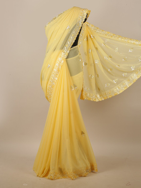 

Pothys Yellow & White Ethnic Motifs Embroidered Beads and Stones Saree