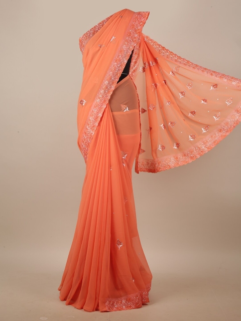 

Pothys Coral & White Ethnic Motifs Embroidered Beads and Stones Saree