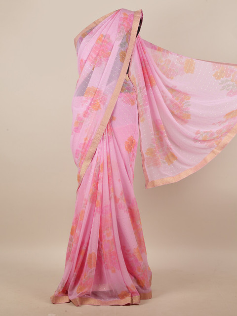 

Pothys Pink & Orange Floral Printed Sequinned Saree