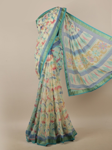 

Pothys Cream-Coloured & Green Floral Printed Zari Saree