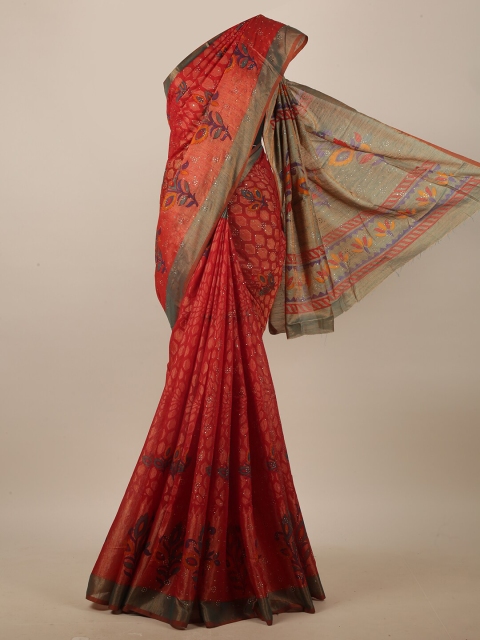 

Pothys Maroon & Peach-Coloured Ethnic Motifs Printed Beads and Stones Saree