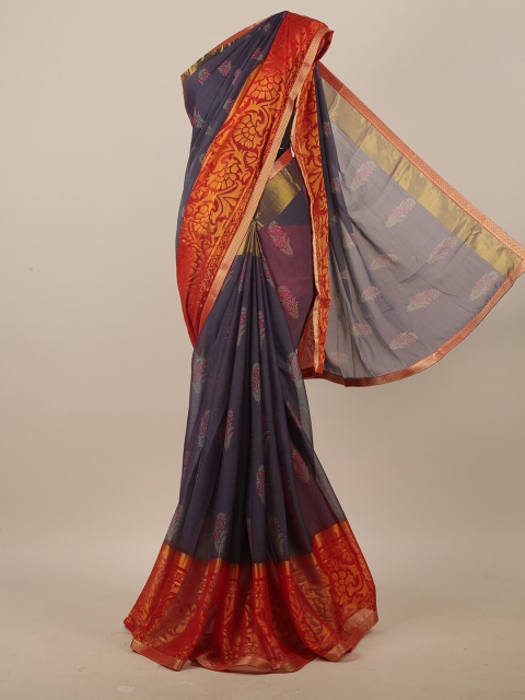 

Pothys Navy Blue & Orange Ethnic Motifs Printed Zari Saree