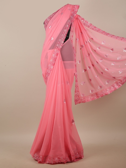 

Pothys Pink & White Ethnic Motifs Embroidered Beads and Stones Saree