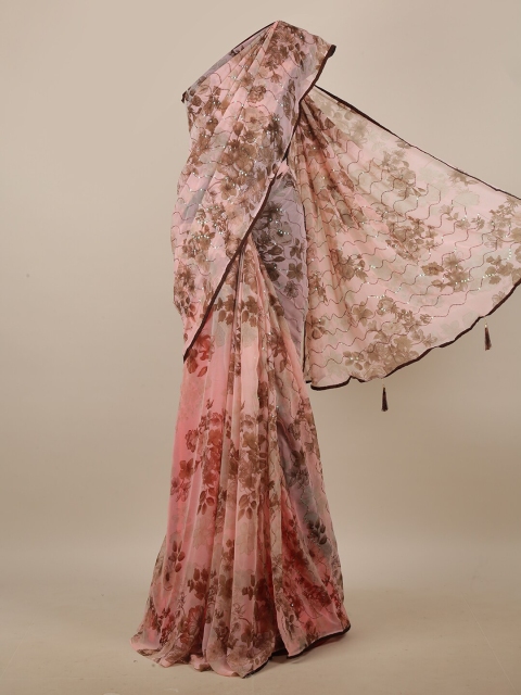 

Pothys Pink & Brown Floral Printed Sequinned Saree