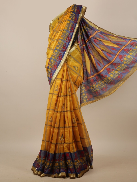 

Pothys Mustard Yellow & Blue Geometric Printed Saree