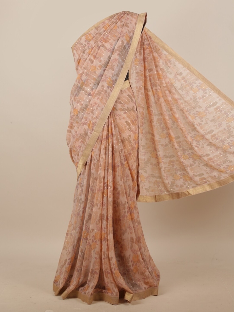 

Pothys Peach-Coloured & Yellow Floral Printed Sequinned Saree