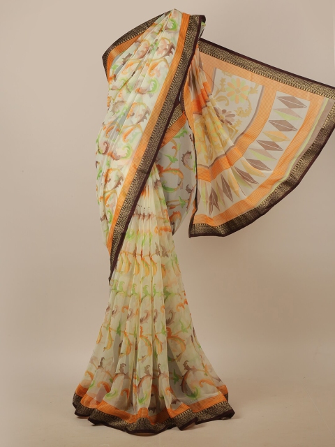 

Pothys Cream-Coloured & Orange Floral Printed Saree