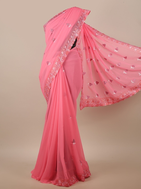 

Pothys Pink & White Ethnic Motifs Embroidered Beads and Stones Saree