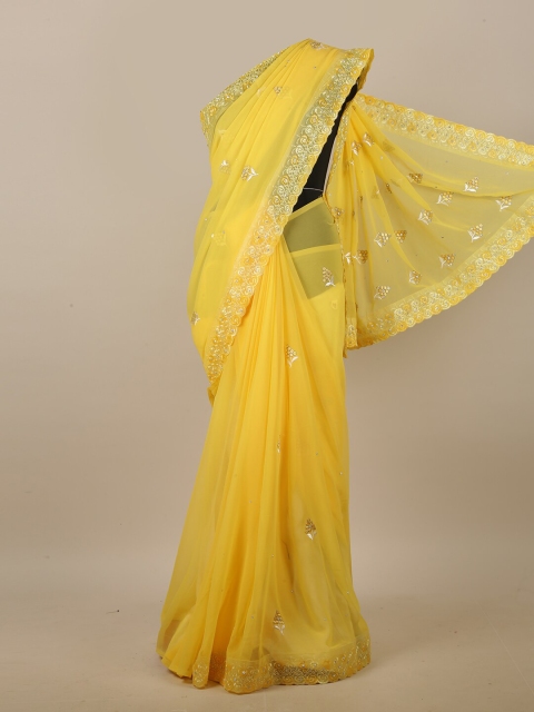 

Pothys Yellow & White Ethnic Motifs Embroidered Beads and Stones Saree