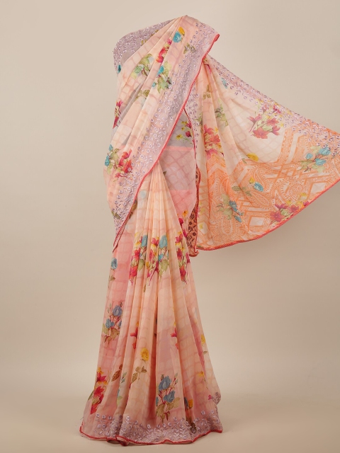 

Pothys Peach-Coloured & Blue Floral Printed Saree