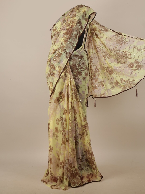 

Pothys Yellow & Brown Floral Printed Sequinned Saree