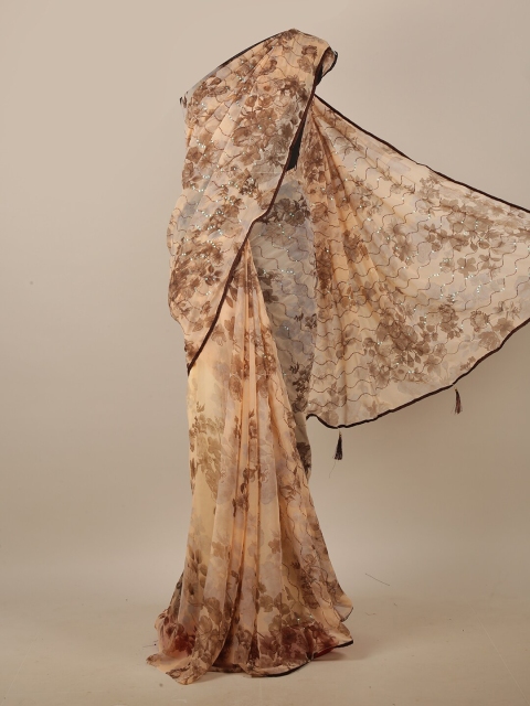 

Pothys Cream-Coloured & Brown Floral Printed Sequinned Saree