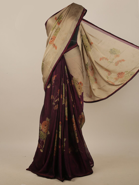 

Pothys Tan & Burgundy Floral Printed Saree