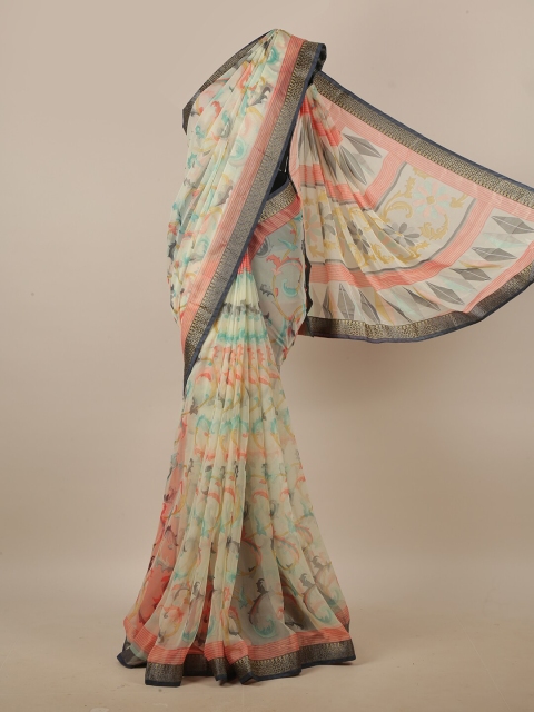 

Pothys Cream-Coloured & Pink Floral Printed Saree
