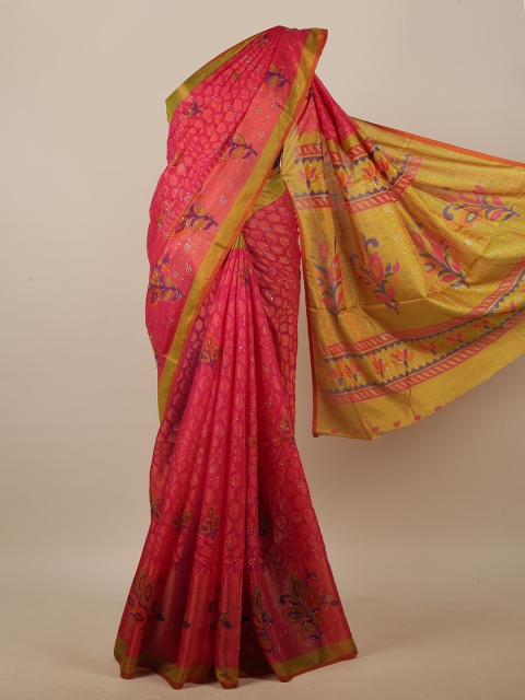 

Pothys Pink & Yellow Ethnic Motifs Printed Beads and Stones Saree