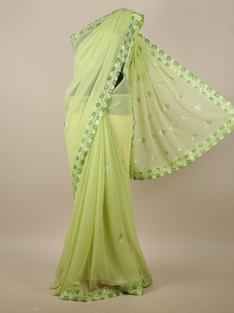 

Pothys Green & White Ethnic Motifs Embroidered Beads and Stones Saree