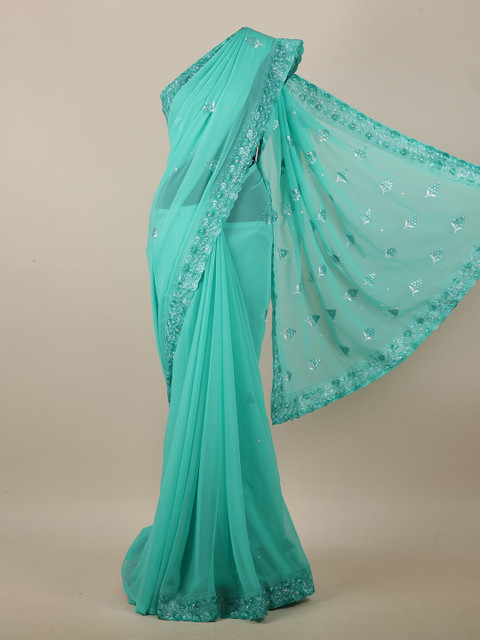 

Pothys Green & White Ethnic Motifs Embroidered Beads and Stones Saree