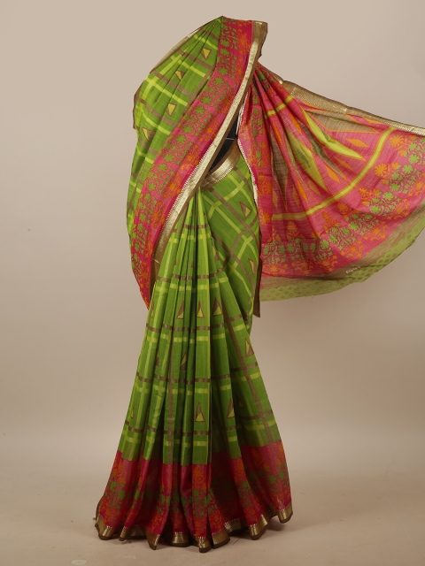 

Pothys Green & Fuchsia Geometric Printed Saree