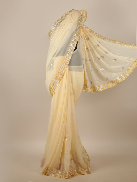 

Pothys Cream-Coloured & White Ethnic Motifs Embroidered Beads and Stones Saree