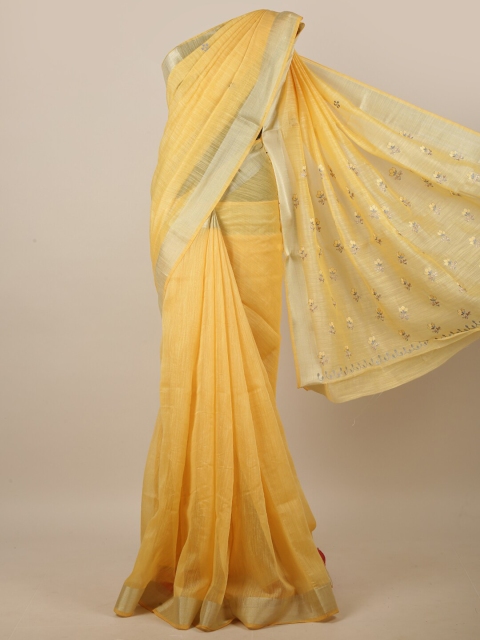 

Pothys Yellow & Grey Floral Embroidered Linen Blend Saree