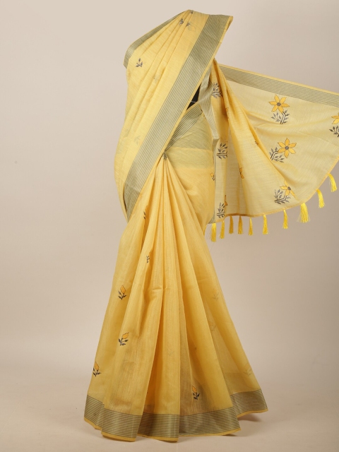 

Pothys Yellow & Grey Floral Embroidered Linen Blend Saree