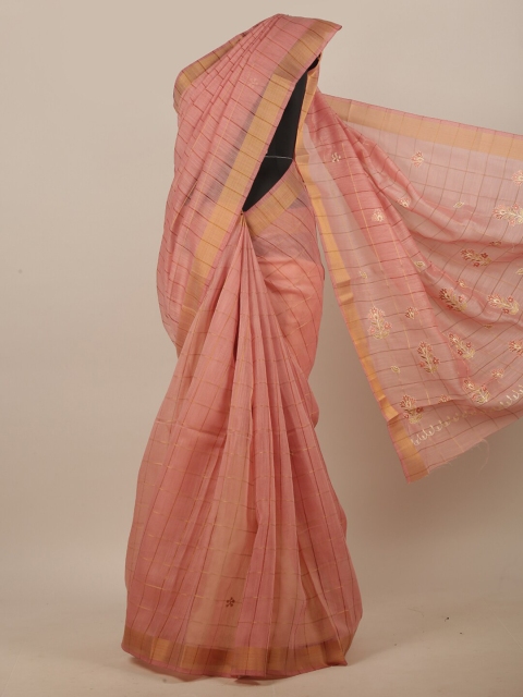 

Pothys Pink & Gold-Toned Floral Embroidered Linen Blend Saree