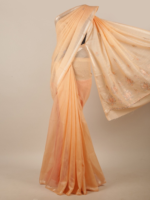 

Pothys Peach-Coloured & Silver-Toned Ethnic Motifs Embroidered Linen Blend Saree